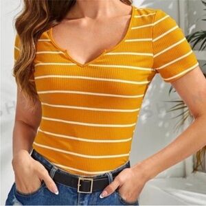 New! SHEIN Essence Notched Neck Striped Ribbed Knit Top Size Medium